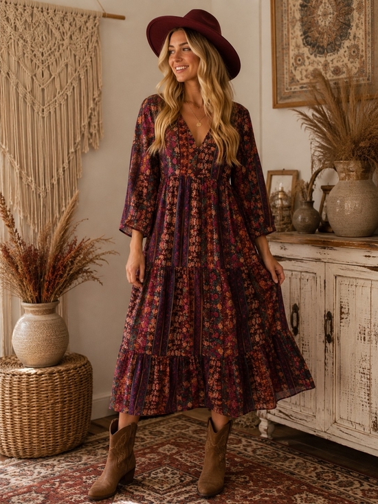 NATURAL LIFE Dresses & Skirts - NATURAL LIFE Burgundy Floral Boho Maxi Dress